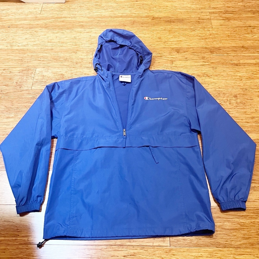 Champion Blue Hooded Windbreaker Water Resistant Pullover Jacket. Men's Medium